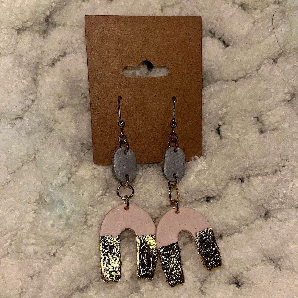Handmade polymer clay boho gold flake dangle rainbow  earrings